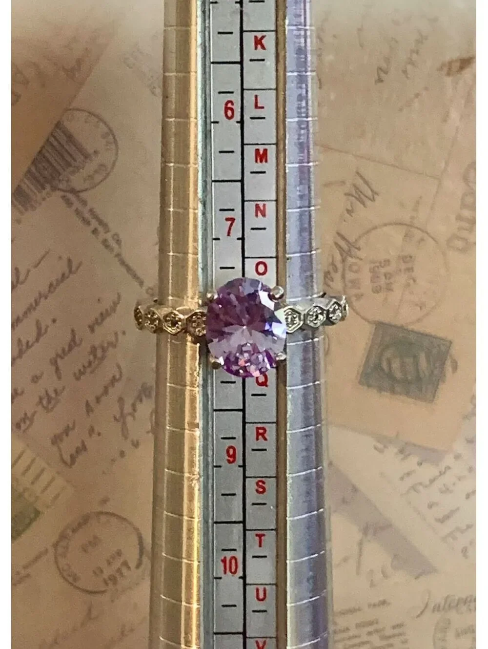 Vintage Stunning Amethyst Color Ring with Sparkling Accents in Silver Tone